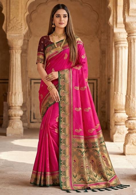 Pink Woven Design Banarasi Saree Set
