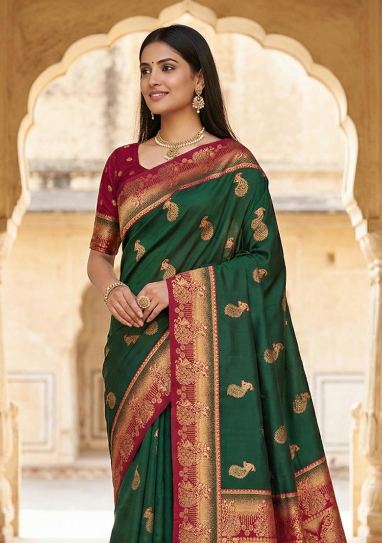 Green Woven Design Banarasi Saree Set - Indya