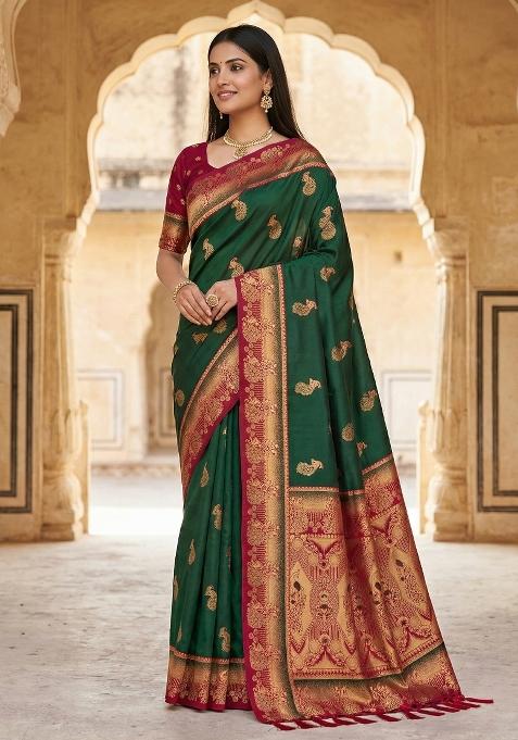 Green Woven Design Banarasi Saree Set