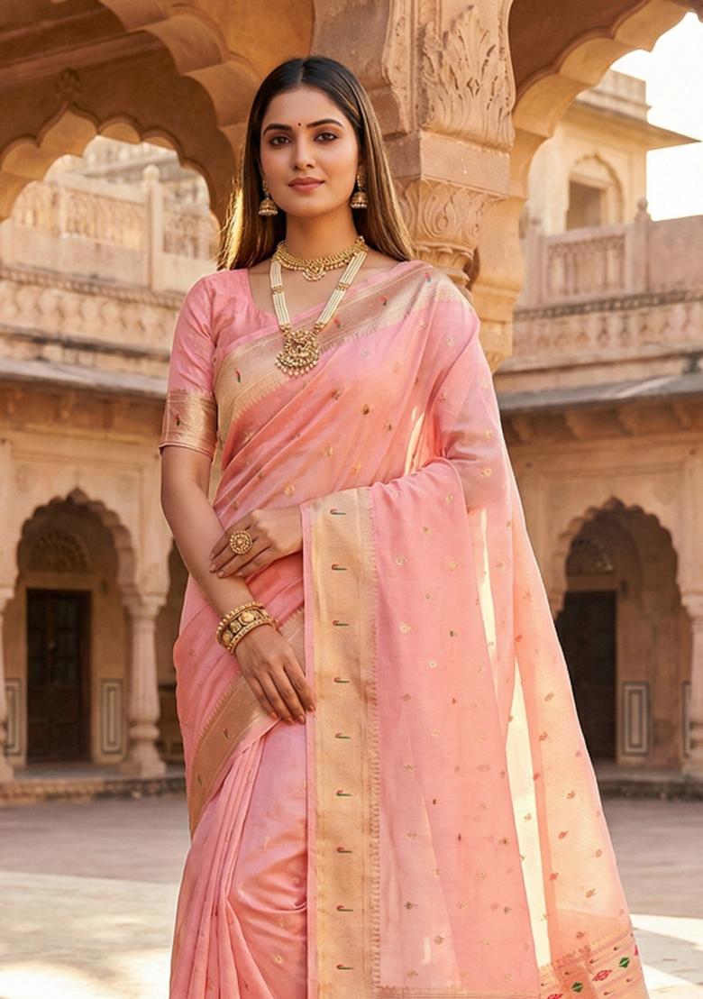 Baby Pink Woven Design Organza Saree Set - Indya