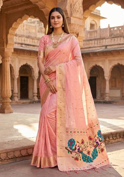 Baby Pink Woven Design Organza Saree Set