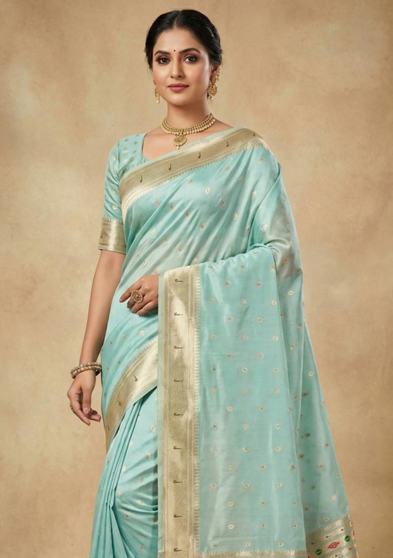 Sky Blue Woven Design Organza Saree Set - Indya