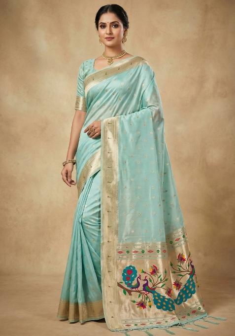 Sky Blue Woven Design Organza Saree Set