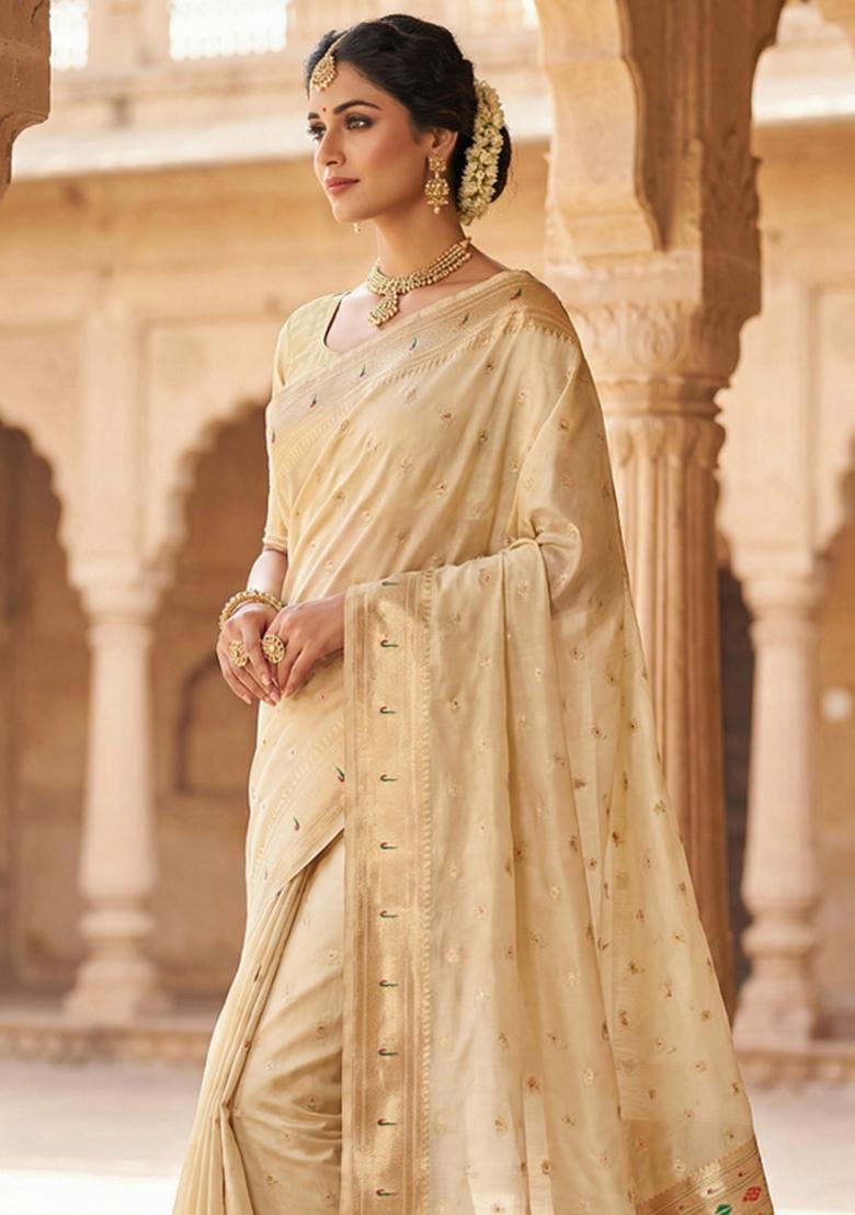 Beige Woven Design Organza Saree Set - Indya