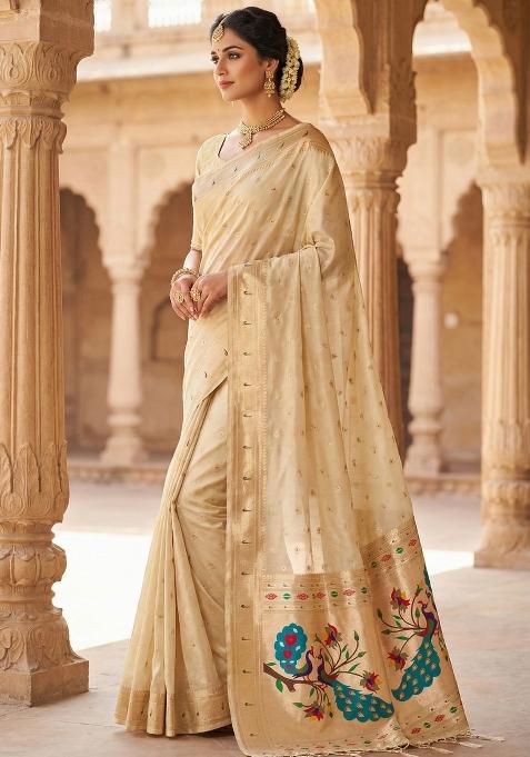 Beige Woven Design Organza Saree Set
