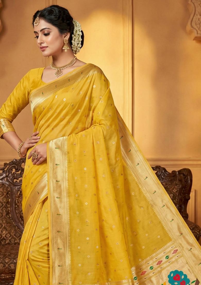 Yellow Woven Design Organza Saree Set - Indya