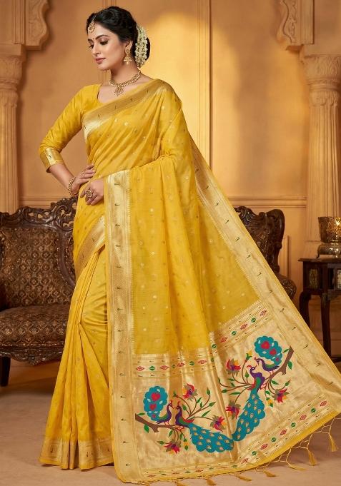 Yellow Woven Design Organza Saree Set