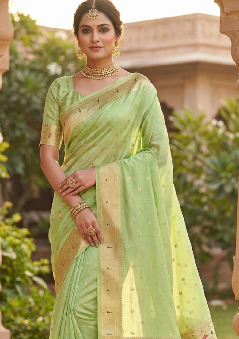 Parrot Green Woven Design Organza Saree Set - Indya