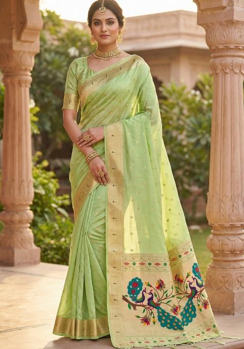 Parrot Green Woven Design Organza Saree Set