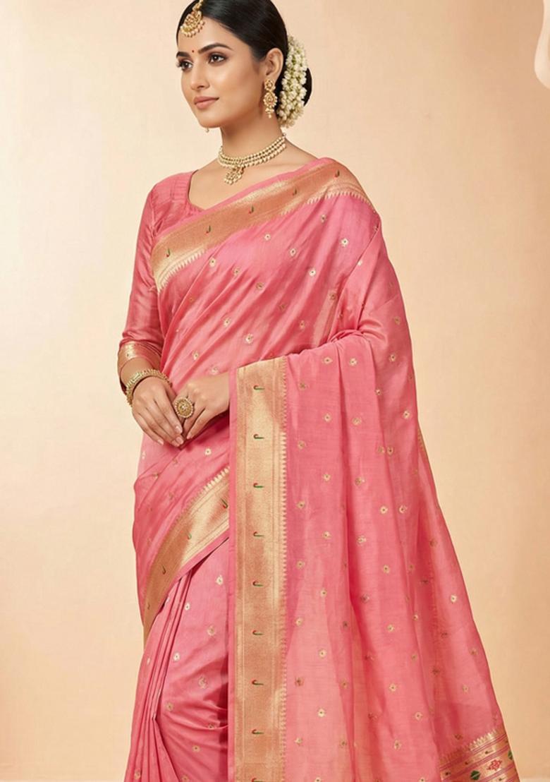 Pink Woven Design Organza Saree Set - Indya