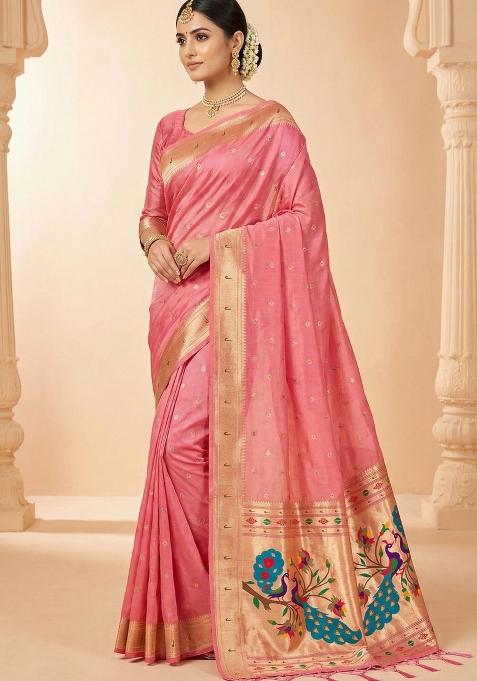 Pink Woven Design Organza Saree Set