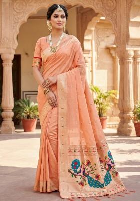 Peach Woven Design Organza Saree Set
