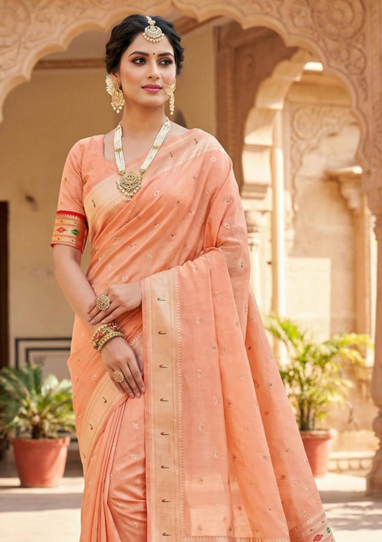 Peach Woven Design Organza Saree Set - Indya