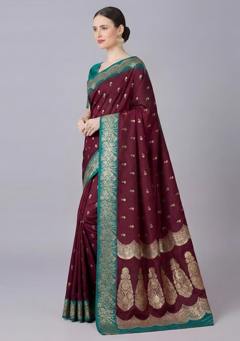 Maroon Woven Design Silk Saree Set - Indya
