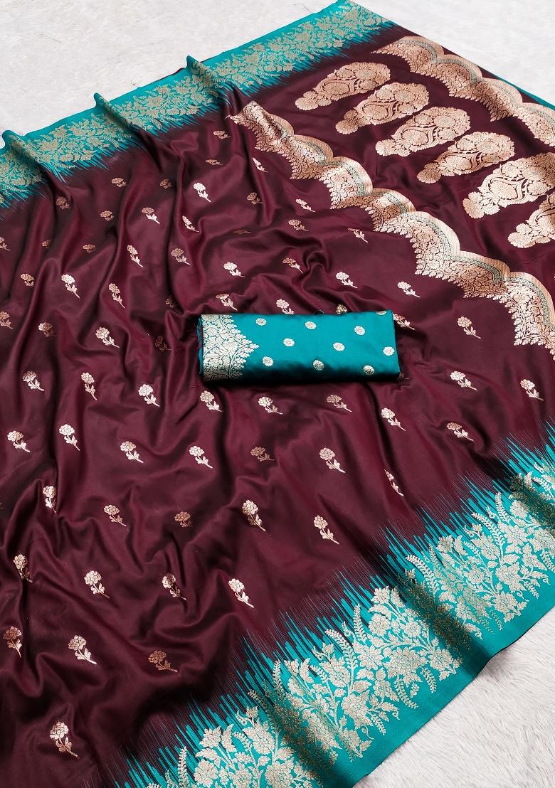 Maroon Woven Design Silk Saree Set - Indya