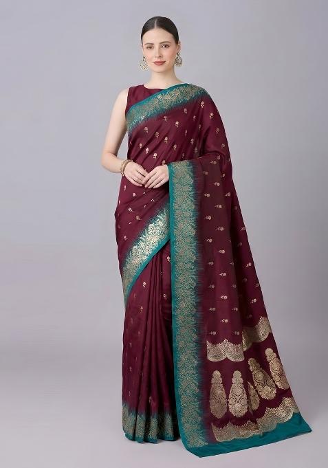 Maroon Woven Design Silk Saree Set