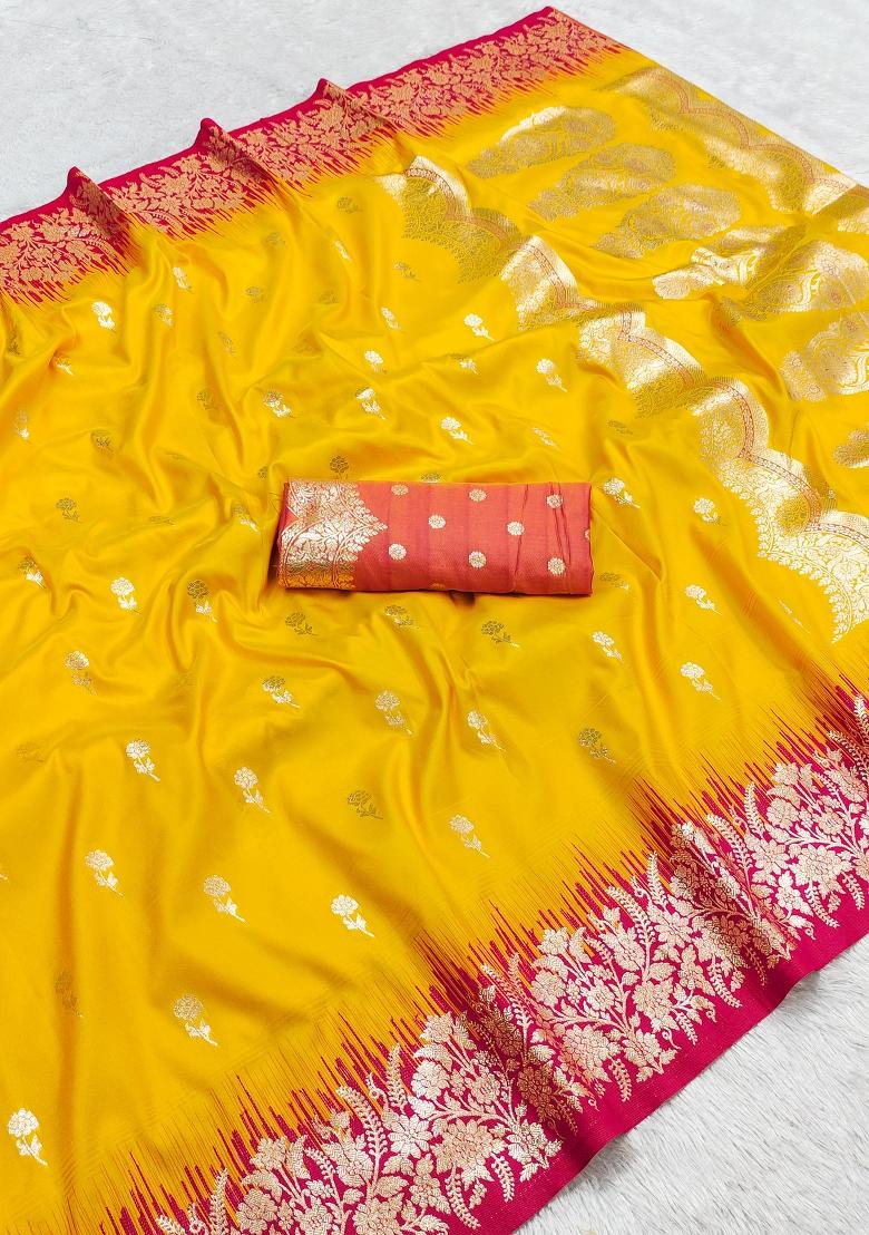 Yellow Woven Design Silk Saree Set - Indya