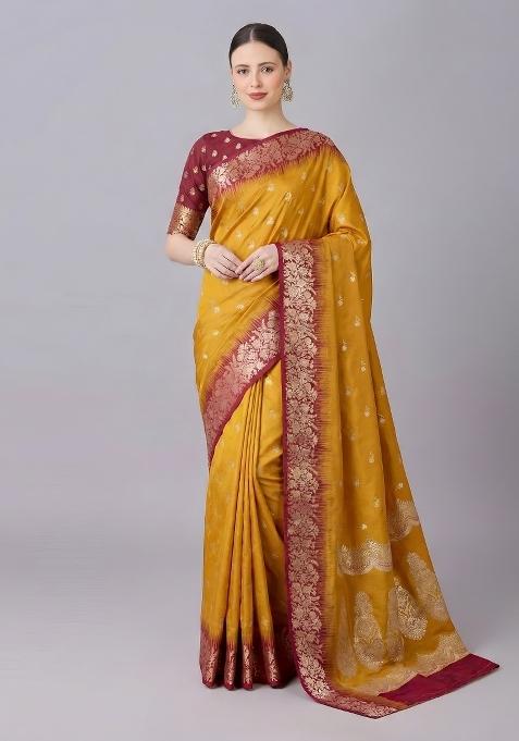 Yellow Woven Design Silk Saree Set
