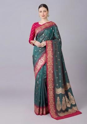 Teal Woven Design Silk Saree Set