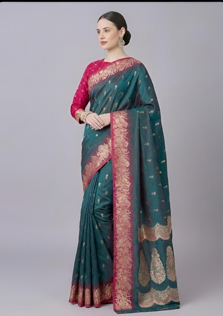 Teal Woven Design Silk Saree Set - Indya