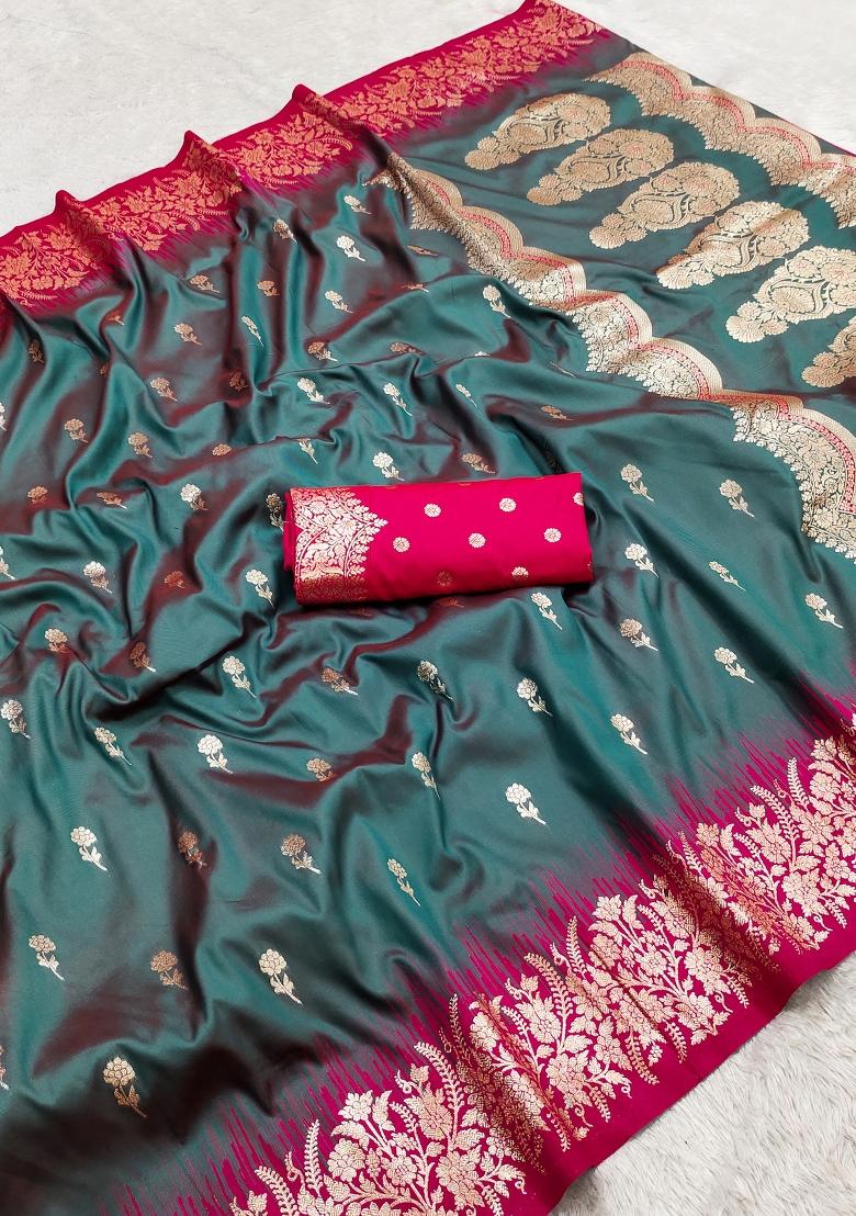 Teal Woven Design Silk Saree Set - Indya