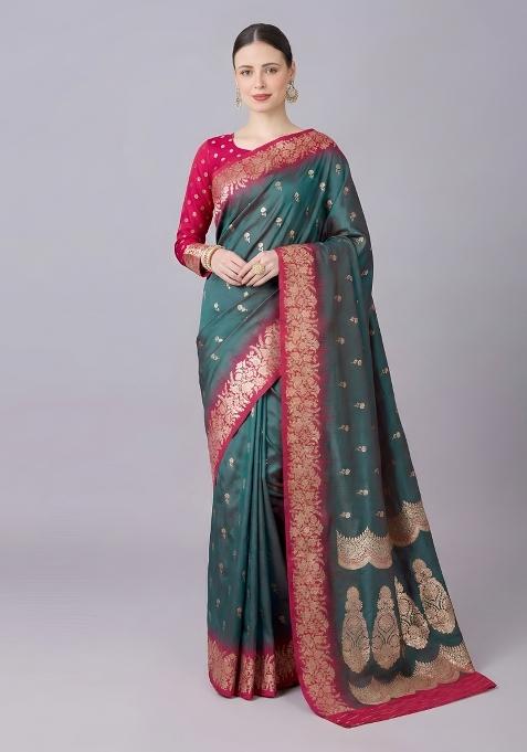 Teal Woven Design Silk Saree Set
