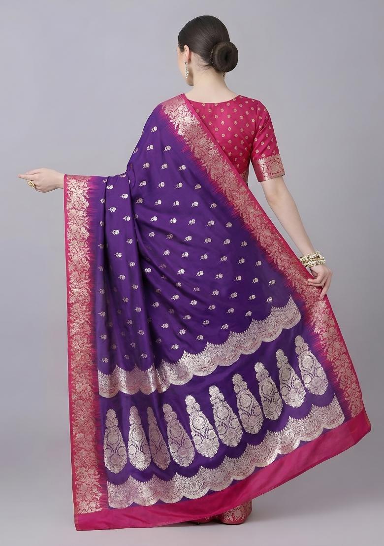 Purple Woven Design Silk Saree Set - Indya