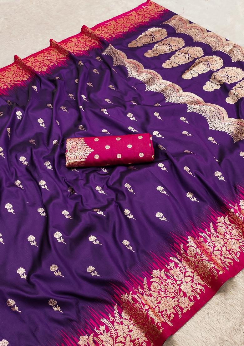 Purple Woven Design Silk Saree Set - Indya