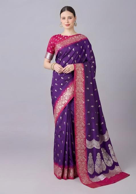 Purple Woven Design Silk Saree Set