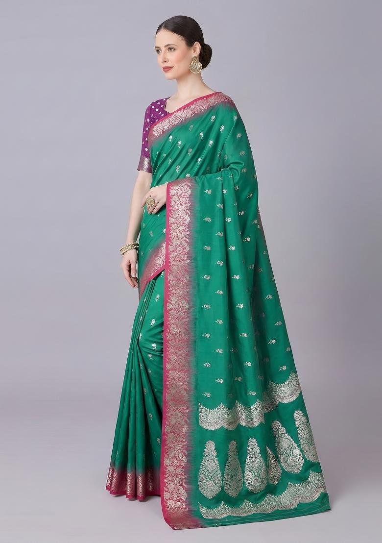 Green Woven Design Silk Saree Set - Indya