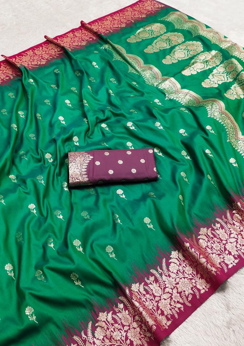 Green Woven Design Silk Saree Set - Indya