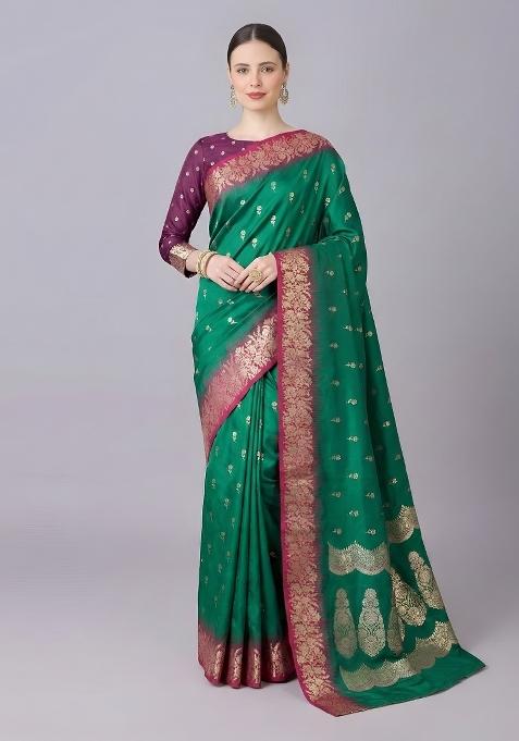 Green Woven Design Silk Saree Set