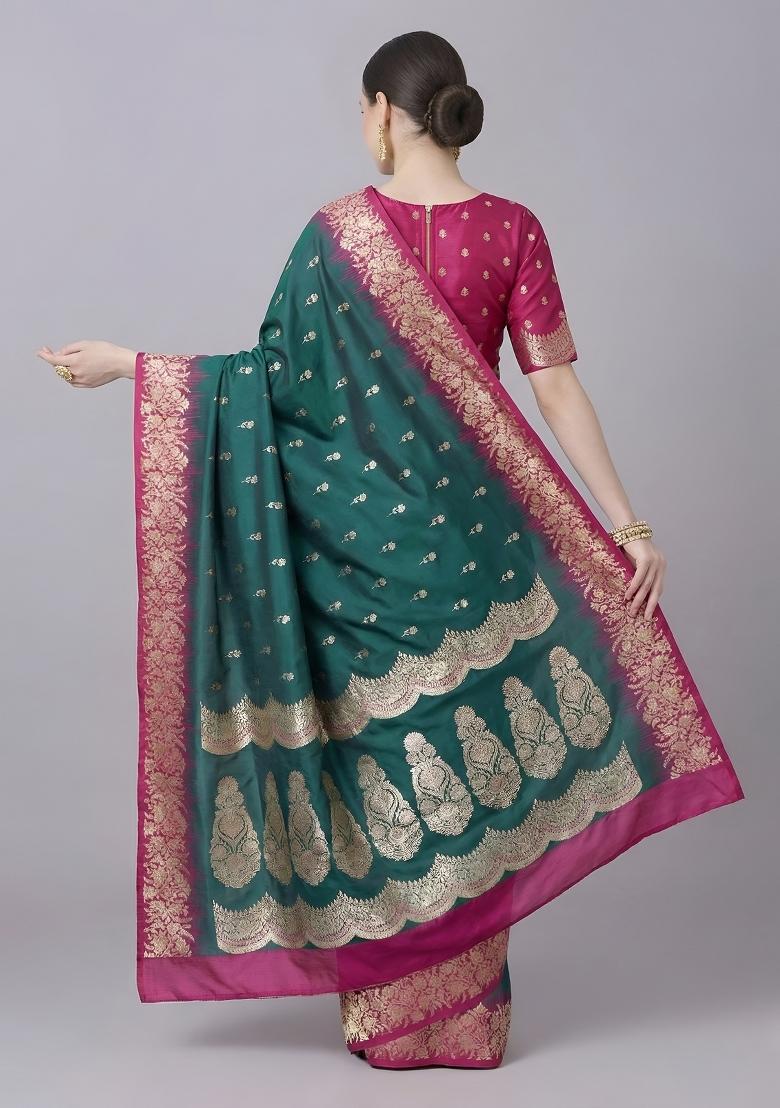 Rama Green Woven Design Silk Saree Set - Indya