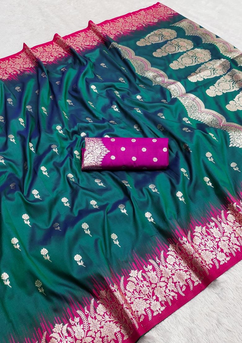 Rama Green Woven Design Silk Saree Set - Indya
