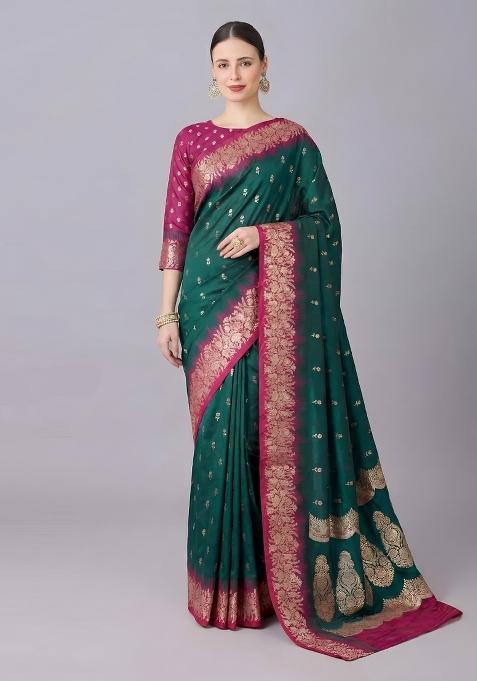 Rama Green Woven Design Silk Saree Set