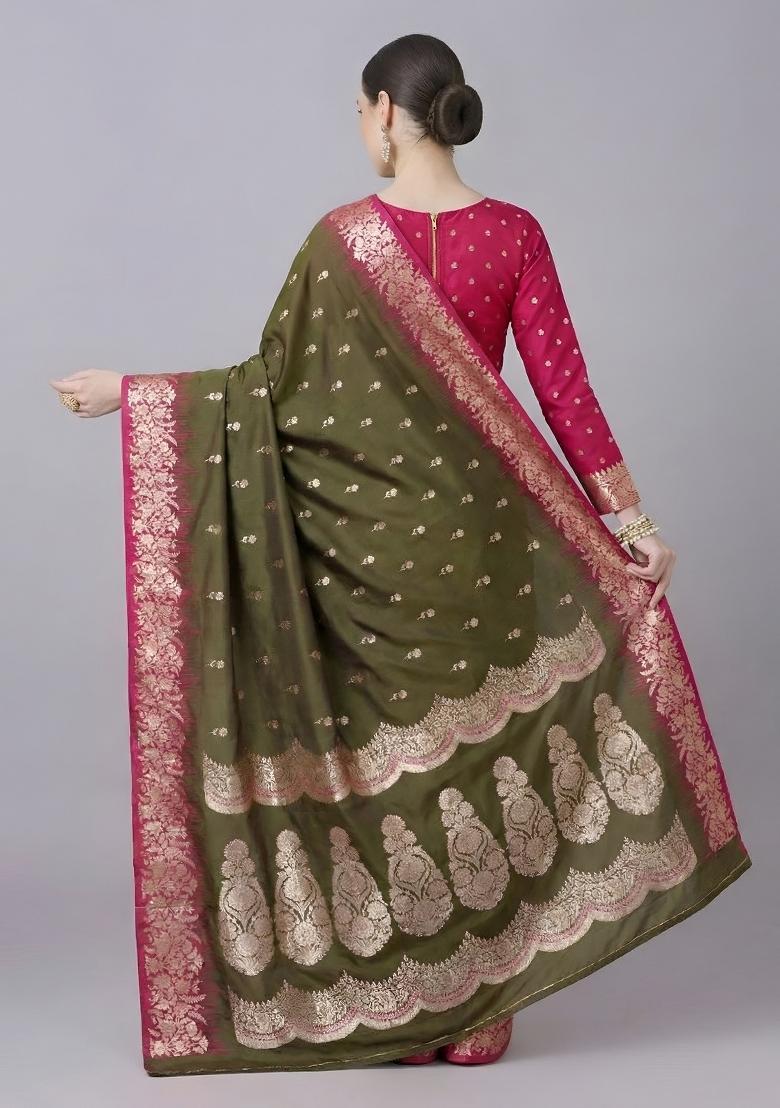 Mehendi Woven Design Silk Saree Set - Indya