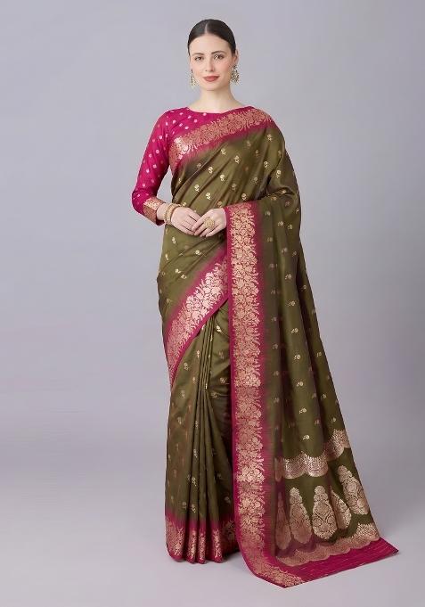 Mehendi Woven Design Silk Saree Set