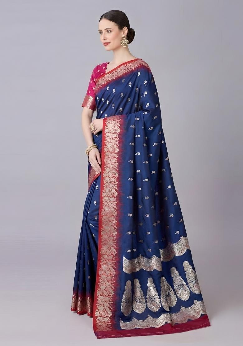 Blue Woven Design Silk Saree Set - Indya