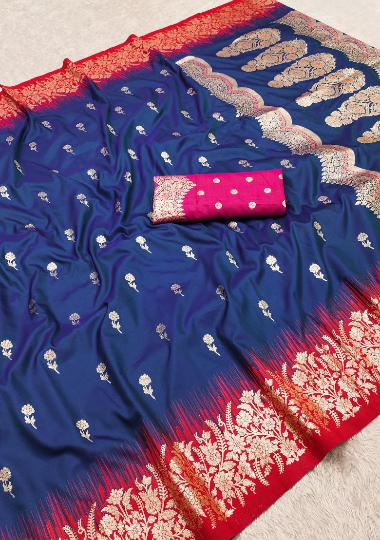 Blue Woven Design Silk Saree Set - Indya