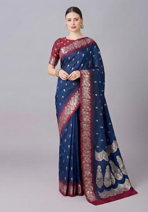 Blue Woven Design Silk Saree Set