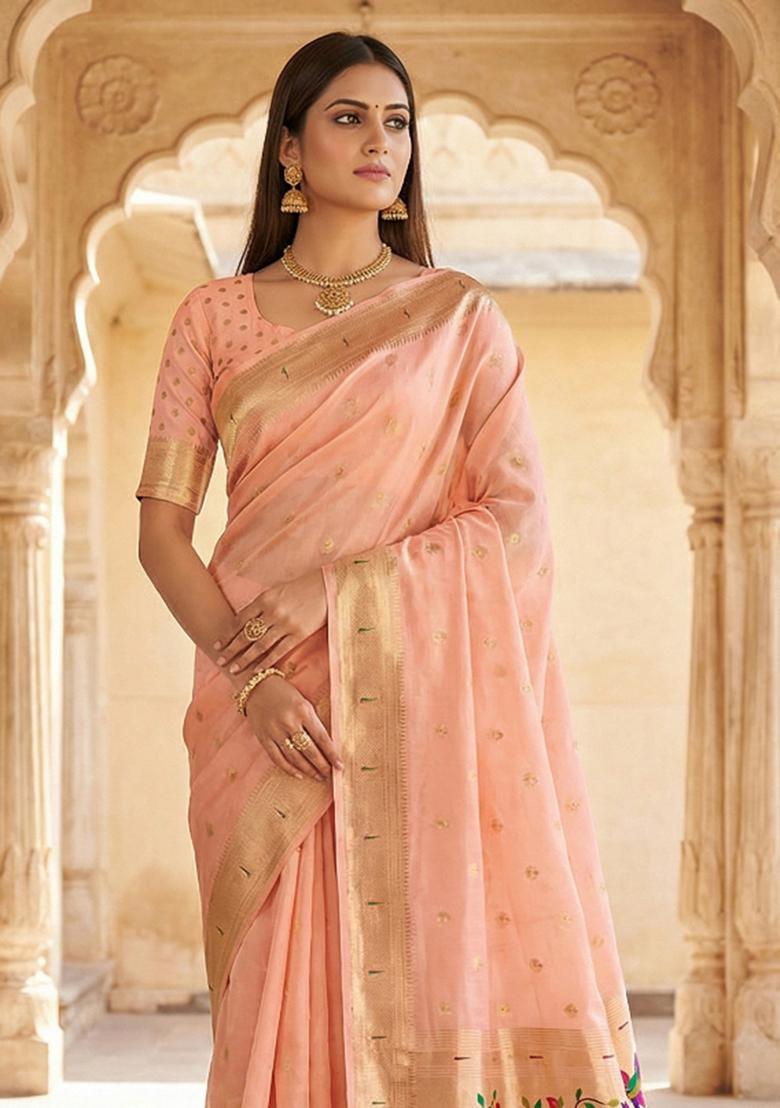 Baby Pink Woven Design Organza Saree Set - Indya