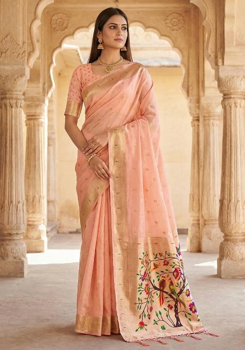 Baby Pink Woven Design Organza Saree Set