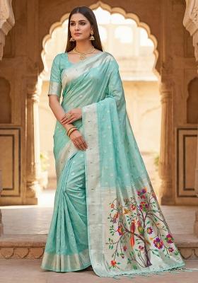 Sky Blue Woven Design Organza Saree Set