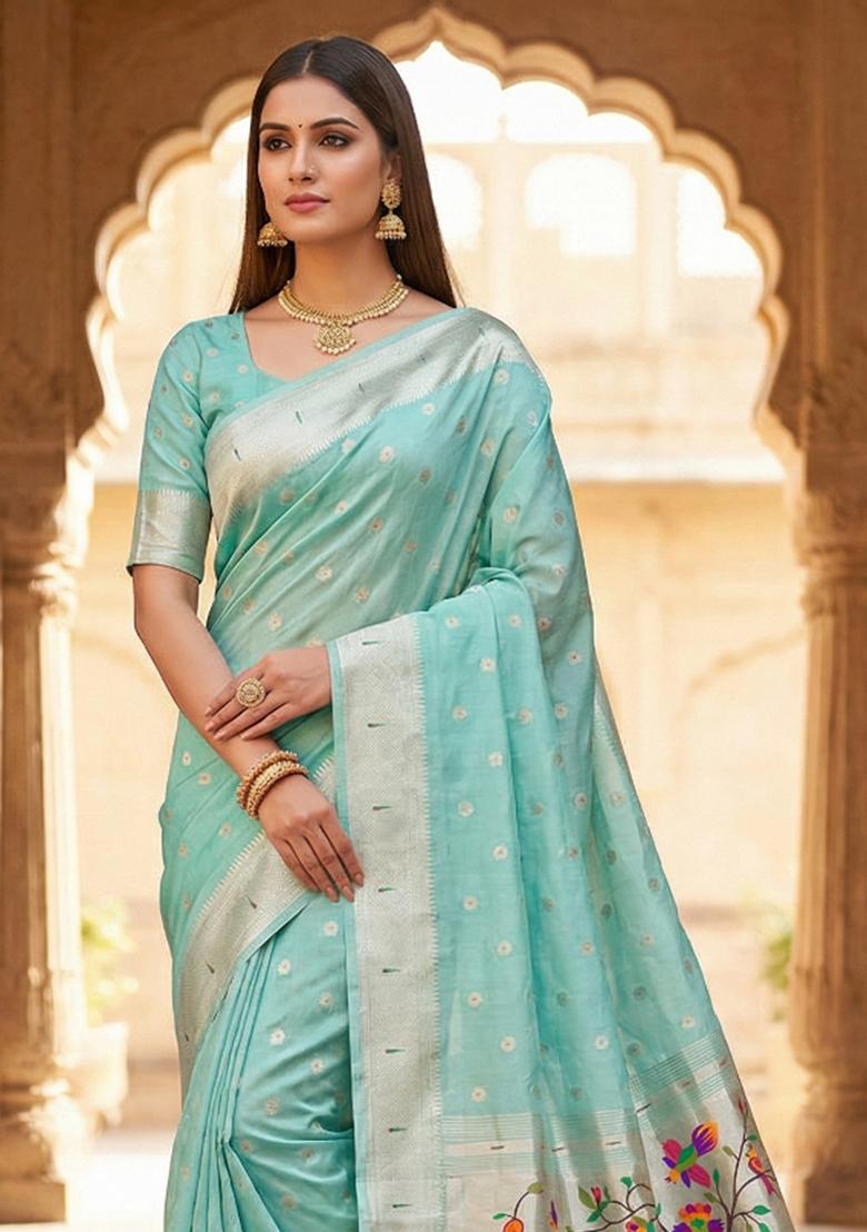 Sky Blue Woven Design Organza Saree Set - Indya