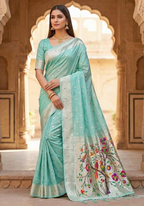 Sky Blue Woven Design Organza Saree Set
