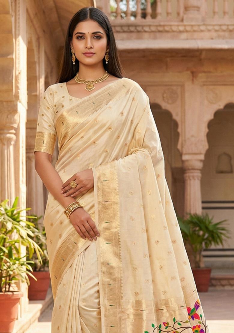 Beige Woven Design Organza Saree Set - Indya