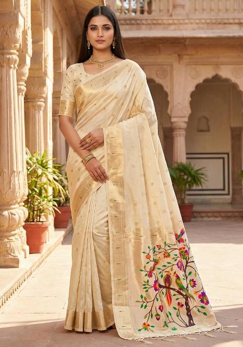 Beige Woven Design Organza Saree Set