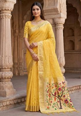 Yellow Woven Design Organza Saree Set