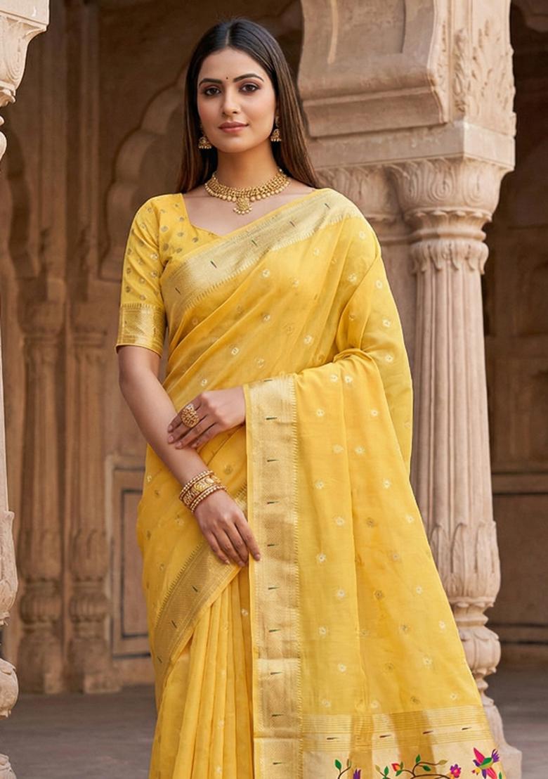 Yellow Woven Design Organza Saree Set - Indya