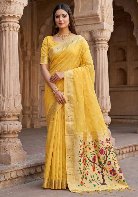 Yellow Woven Design Organza Saree Set